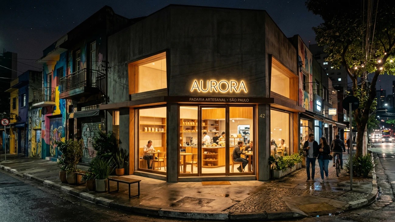 Fachada da Aurora Atelier sob luz suave