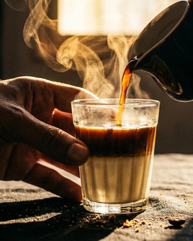 Café pingado servido em copo de vidro clássico